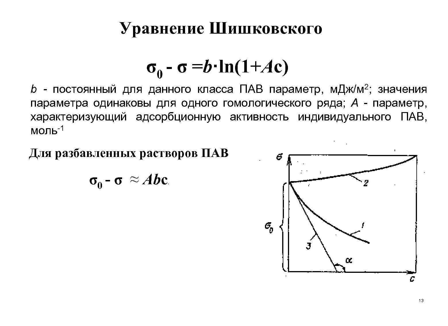 Уравнение Шишковского σ0 - σ =b·ln(1+Aс) b - постоянный для данного класса ПАВ параметр,