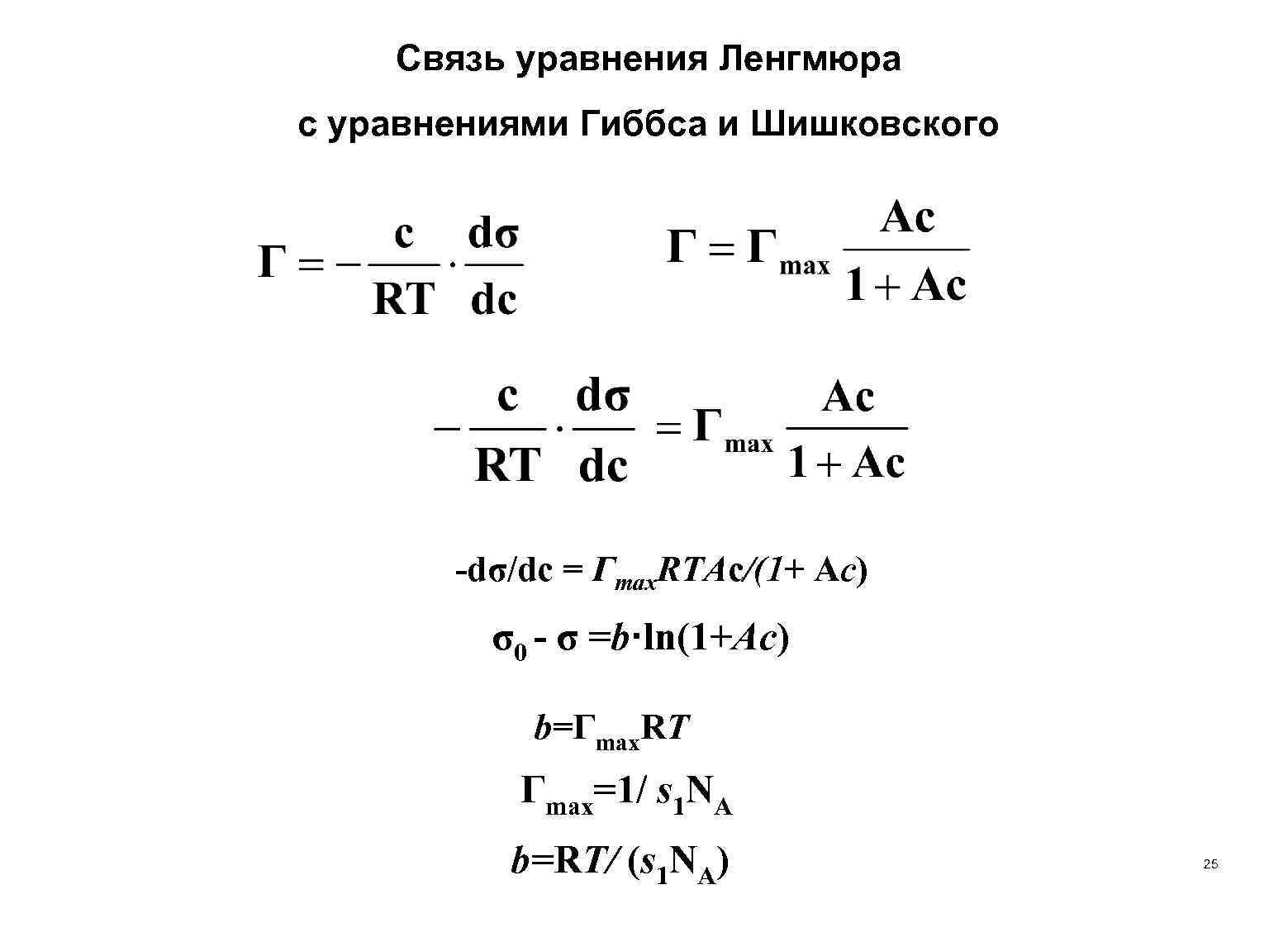 Связь уравнения Ленгмюра с уравнениями Гиббса и Шишковского -dσ/dс = Гmax. RTAс/(1+ Aс) σ0