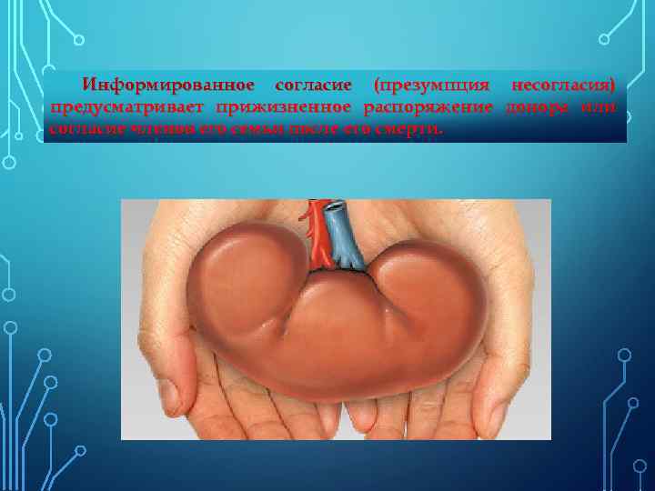 Информированное согласие (презумпция несогласия) предусматривает прижизненное распоряжение донора или согласие членов его семьи после
