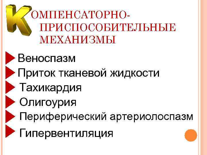 ОМПЕНСАТОРНОПРИСПОСОБИТЕЛЬНЫЕ МЕХАНИЗМЫ Веноспазм Приток тканевой жидкости Тахикардия Олигоурия Периферический артериолоспазм Гипервентиляция 