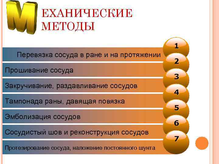 ЕХАНИЧЕСКИЕ МЕТОДЫ Add Your Text Перевязка сосуда в ране и на протяжении Прошивание сосуда