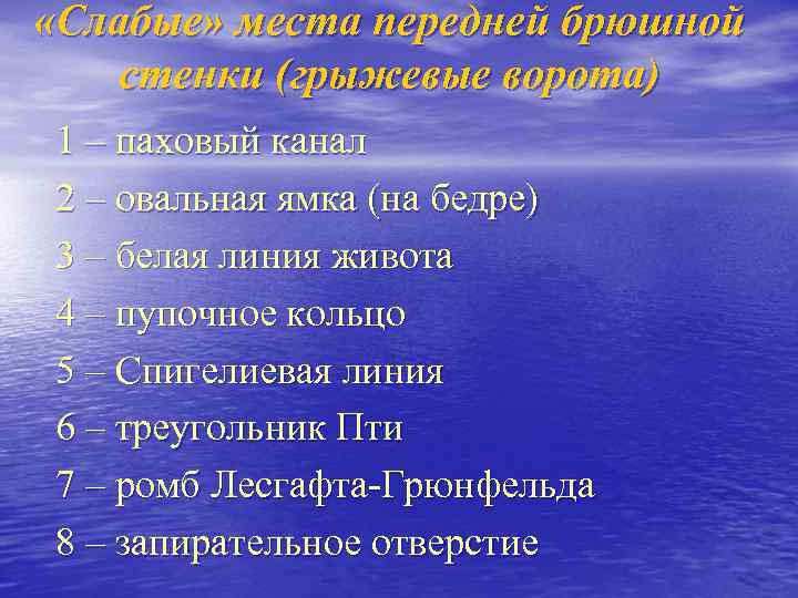  «Слабые» места передней брюшной стенки (грыжевые ворота) 1 – паховый канал 2 –