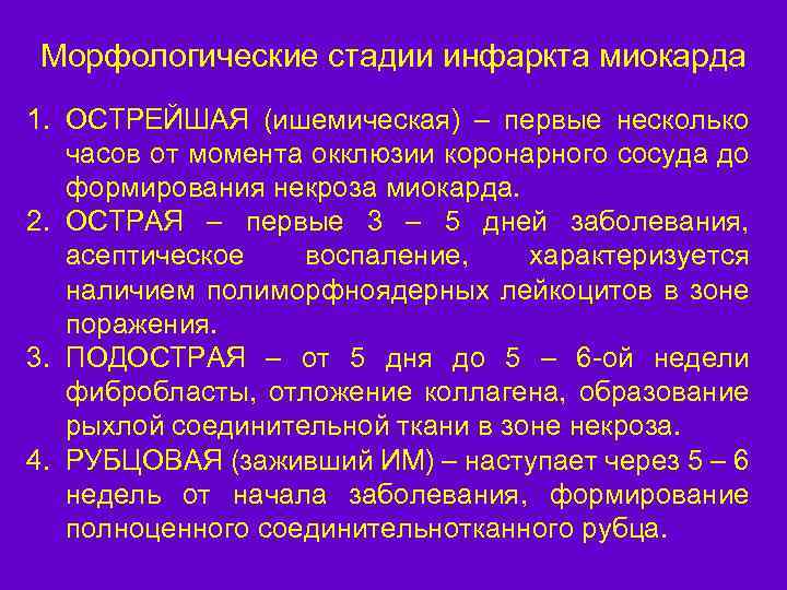 Морфологические стадии инфаркта миокарда 1. ОСТРЕЙШАЯ (ишемическая) – первые несколько часов от момента окклюзии