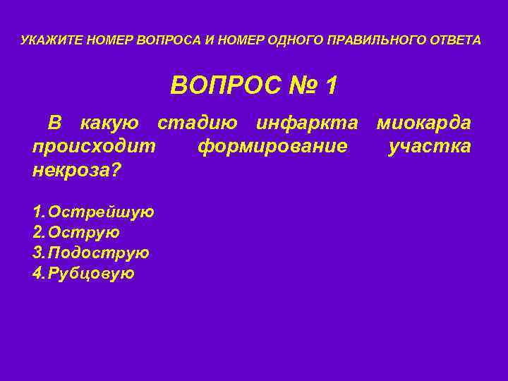 УКАЖИТЕ НОМЕР ВОПРОСА И НОМЕР ОДНОГО ПРАВИЛЬНОГО ОТВЕТА ВОПРОС № 1 В какую стадию