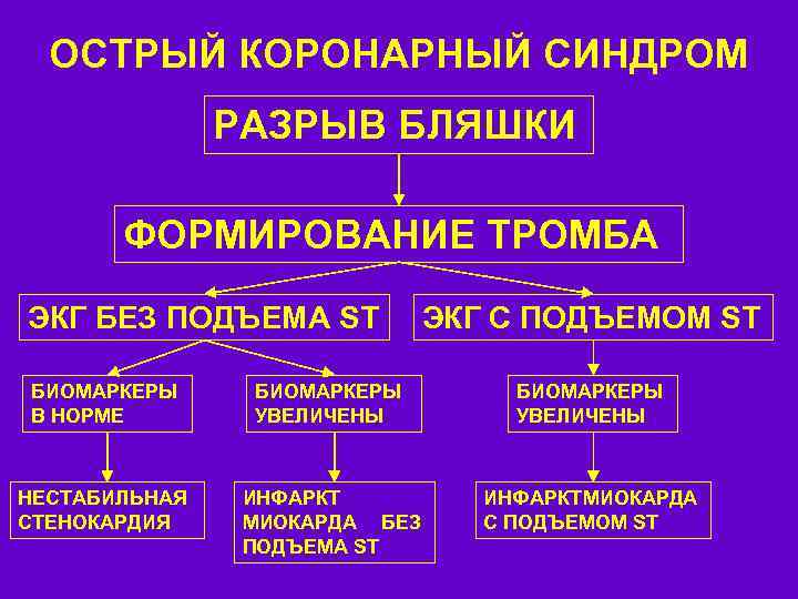 ОСТРЫЙ КОРОНАРНЫЙ СИНДРОМ РАЗРЫВ БЛЯШКИ ФОРМИРОВАНИЕ ТРОМБА ЭКГ БЕЗ ПОДЪЕМА ST ЭКГ C ПОДЪЕМОМ