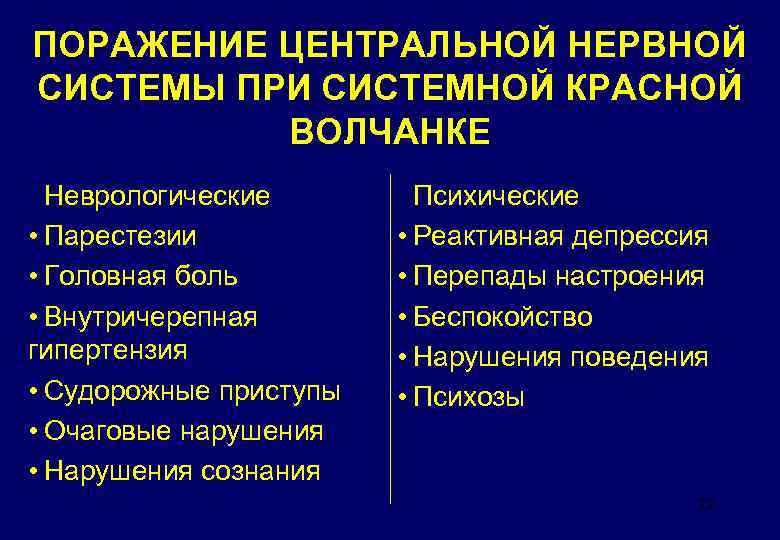 ПОРАЖЕНИЕ ЦЕНТРАЛЬНОЙ НЕРВНОЙ СИСТЕМЫ ПРИ СИСТЕМНОЙ КРАСНОЙ ВОЛЧАНКЕ Неврологические • Парестезии • Головная боль
