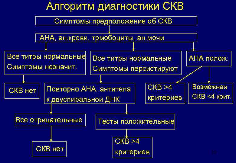 Алгоритм диагностики СКВ Симптомы: предположение об СКВ АНА, ан. крови, трмобоциты, ан. мочи Все