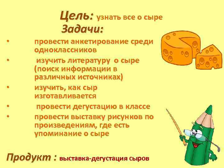 Цель: узнать все о сыре • • • Задачи: провести анкетирование среди одноклассников изучить