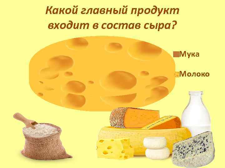 Какой главный продукт входит в состав сыра? Мука Молоко 