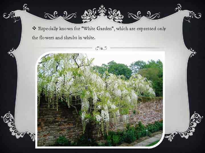 v Especially known for "White Garden", which are expressed only the flowers and shrubs