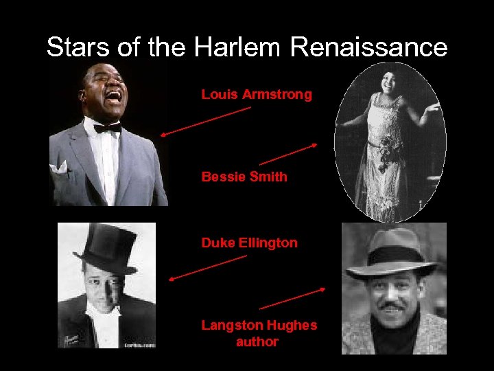 Stars of the Harlem Renaissance Louis Armstrong Bessie Smith Duke Ellington Langston Hughes author
