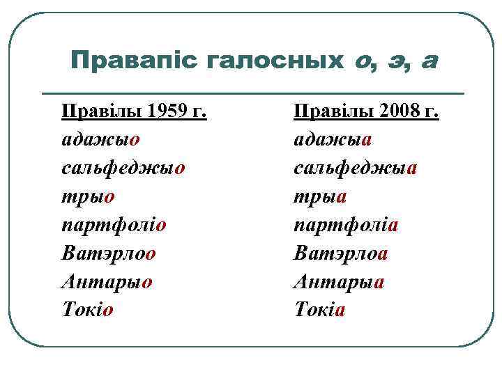 Правапіс галосных о, э, а Правілы 1959 г. Правілы 2008 г. адажыо сальфеджыо трыо