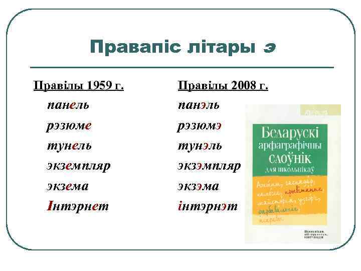 Правапіс літары э Правілы 1959 г. панель рэзюме тунель экземпляр экзема Інтэрнет Правілы 2008