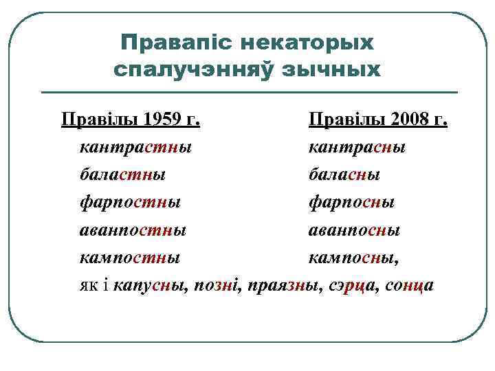 Правапіс некаторых спалучэнняў зычных Правілы 1959 г. Правілы 2008 г. кантрастны кантрасны баластны баласны