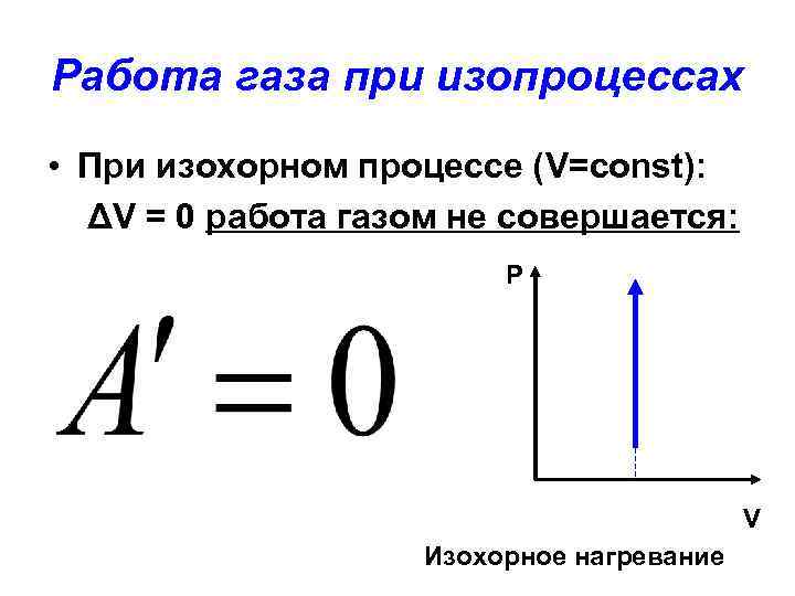 Работа газа при изопроцессах • При изохорном процессе (V=const): ΔV = 0 работа газом