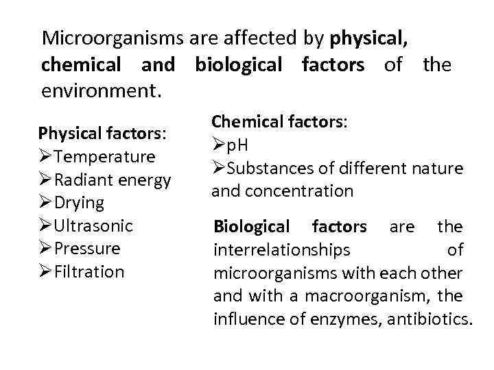 Microorganisms are affected by physical, chemical and biological factors of the environment. Physical factors: