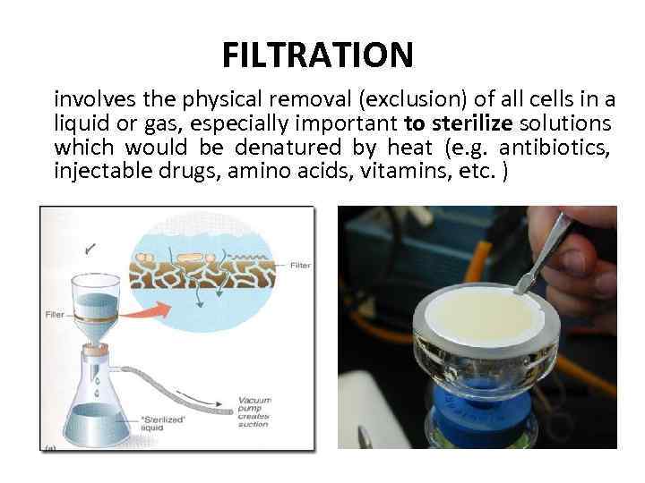FILTRATION involves the physical removal (exclusion) of all cells in a liquid or gas,