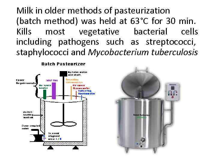 Milk in older methods of pasteurization (batch method) was held at 63°C for 30
