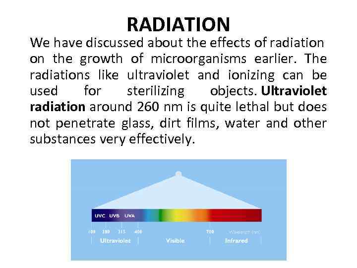 RADIATION We have discussed about the effects of radiation on the growth of microorganisms