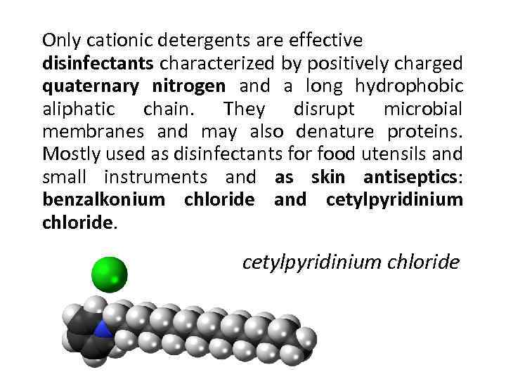 Only cationic detergents are effective disinfectants characterized by positively charged quaternary nitrogen and a