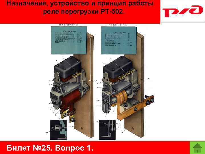 Назначение, устройство и принцип работы реле перегрузки РТ-502. Билет № 25. Вопрос 1. 