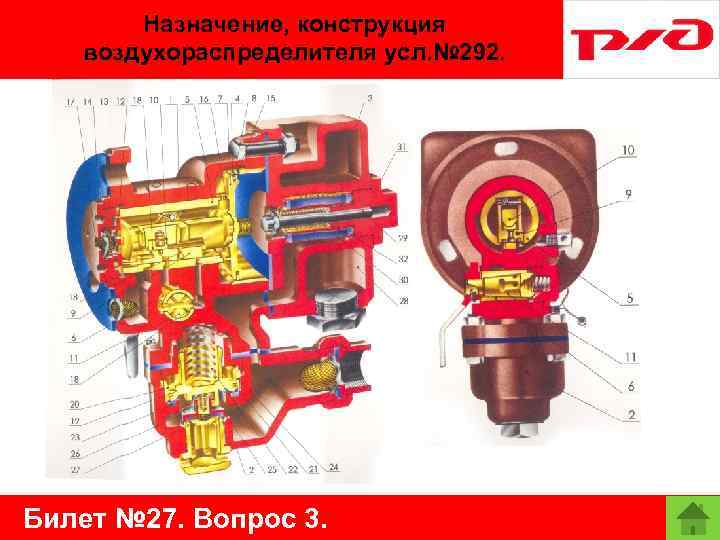 Назначение, конструкция воздухораспределителя усл. № 292. Билет № 27. Вопрос 3. 