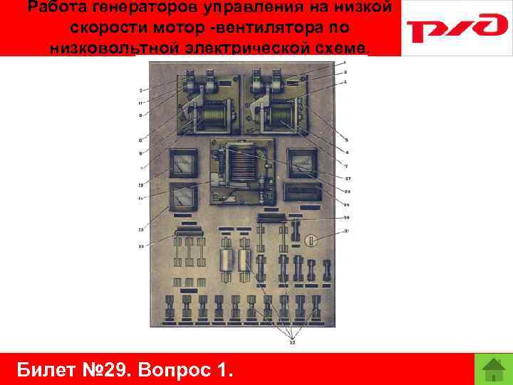 Работа генераторов управления на низкой скорости мотор -вентилятора по низковольтной электрической схеме. Билет №