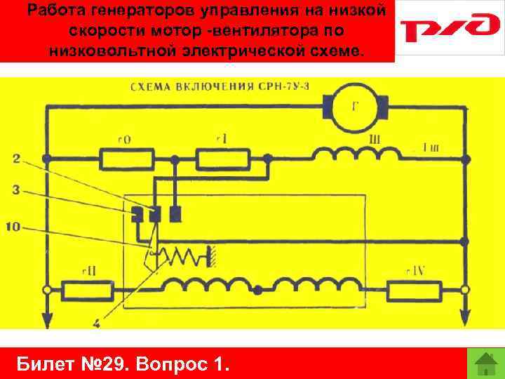 Работа генераторов управления на низкой скорости мотор -вентилятора по низковольтной электрической схеме. Билет №