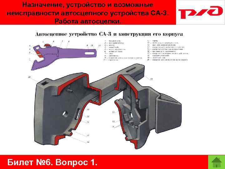 Назначение, устройство и возможные неисправности автосцепного устройства СА-3. Работа автосцепки. Билет № 6. Вопрос