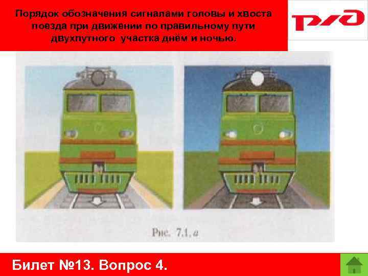 Порядок обозначения сигналами головы и хвоста поезда при движении по правильному пути двухпутного участка