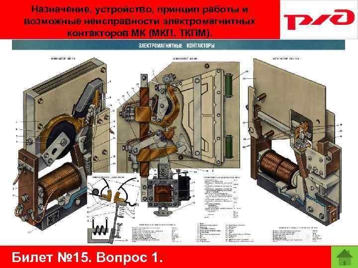  Назначение, устройство, принцип работы и возможные неисправности электромагнитных контакторов МК (МКП, ТКПМ). Билет