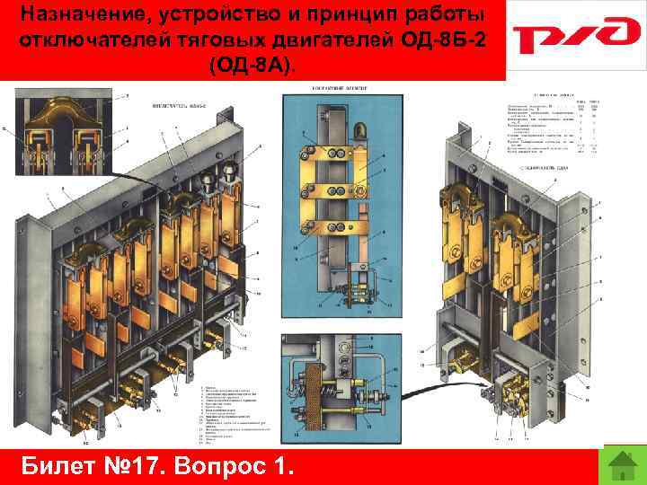 Назначение, устройство и принцип работы отключателей тяговых двигателей ОД-8 Б-2 (ОД-8 А). Билет №