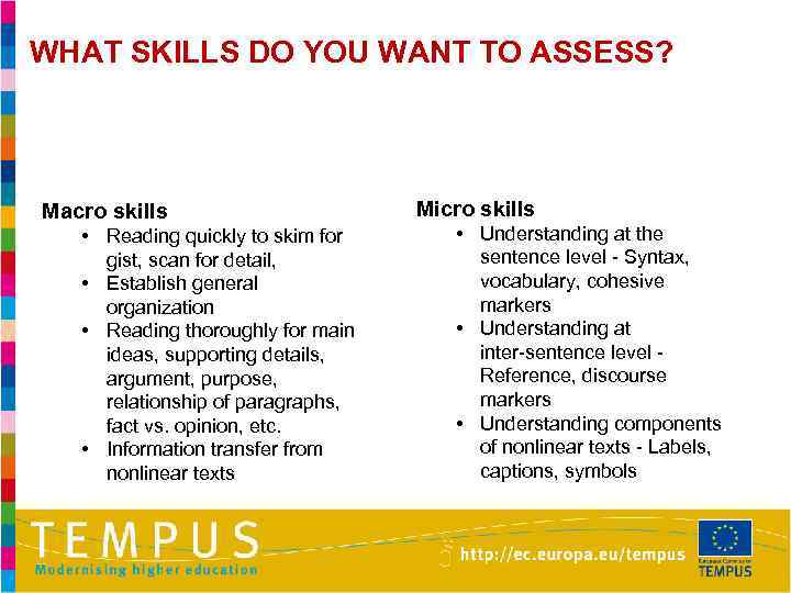 WHAT SKILLS DO YOU WANT TO ASSESS? Macro skills • Reading quickly to skim