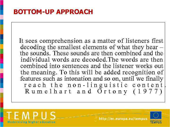 BOTTOM-UP APPROACH It sees comprehension as a matter of listeners first decoding the smallest