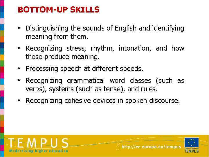 BOTTOM-UP SKILLS • Distinguishing the sounds of English and identifying meaning from them. •