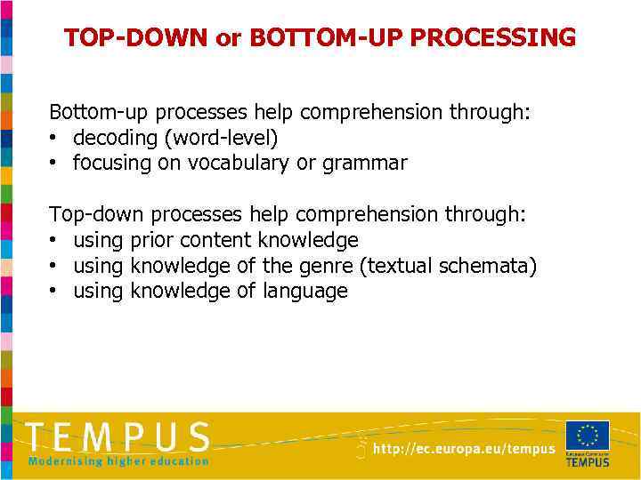 TOP-DOWN or BOTTOM-UP PROCESSING Bottom-up processes help comprehension through: • decoding (word-level) • focusing