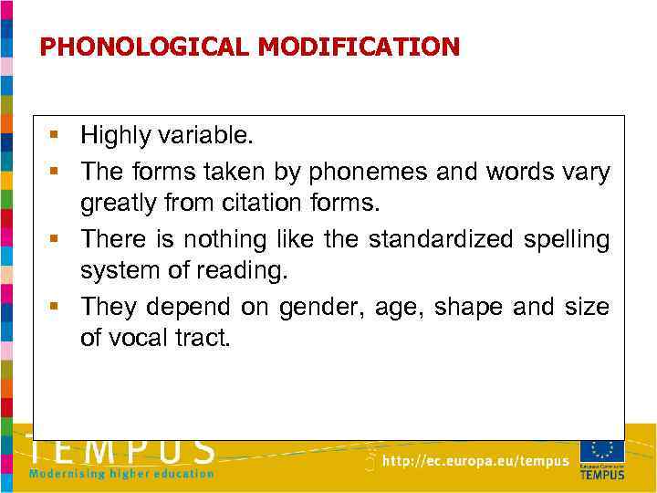 PHONOLOGICAL MODIFICATION § Highly variable. § The forms taken by phonemes and words vary