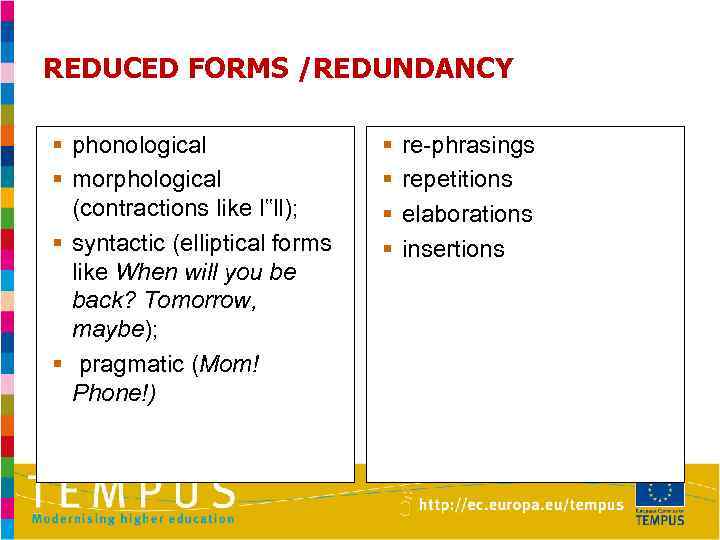 REDUCED FORMS /REDUNDANCY § phonological § morphological (contractions like I‟ll); § syntactic (elliptical forms