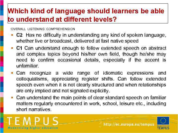 Which kind of language should learners be able to understand at different levels? OVERALL