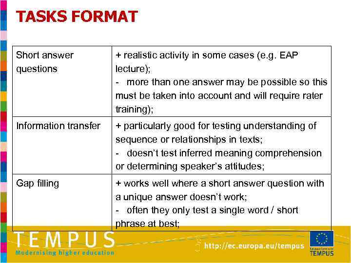 TASKS FORMAT Short answer questions + realistic activity in some cases (e. g. EAP