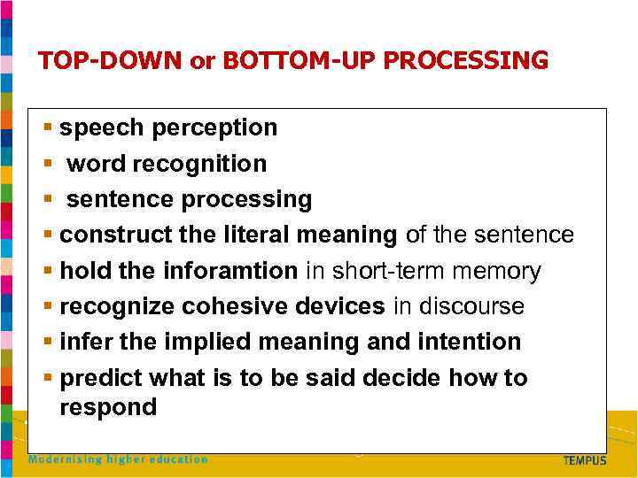 TOP-DOWN or BOTTOM-UP PROCESSING § speech perception § word recognition § sentence processing §