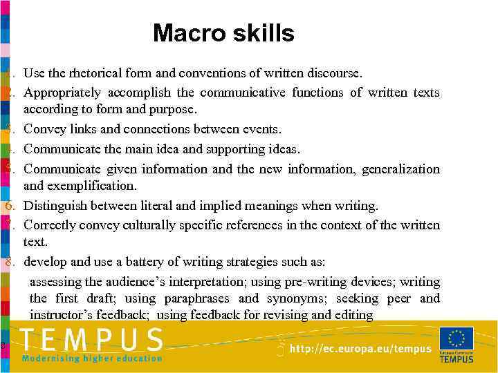 Macro skills 1. Use the rhetorical form and conventions of written discourse. 2. Appropriately