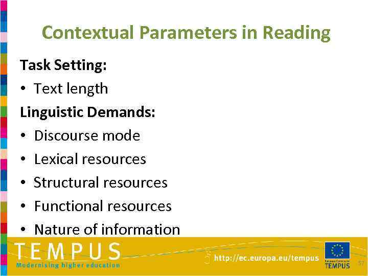 Contextual Parameters in Reading Task Setting: • Text length Linguistic Demands: • Discourse mode