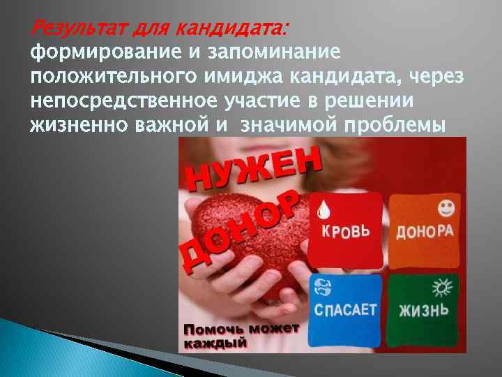 Результат для кандидата: формирование и запоминание положительного имиджа кандидата, через непосредственное участие в решении