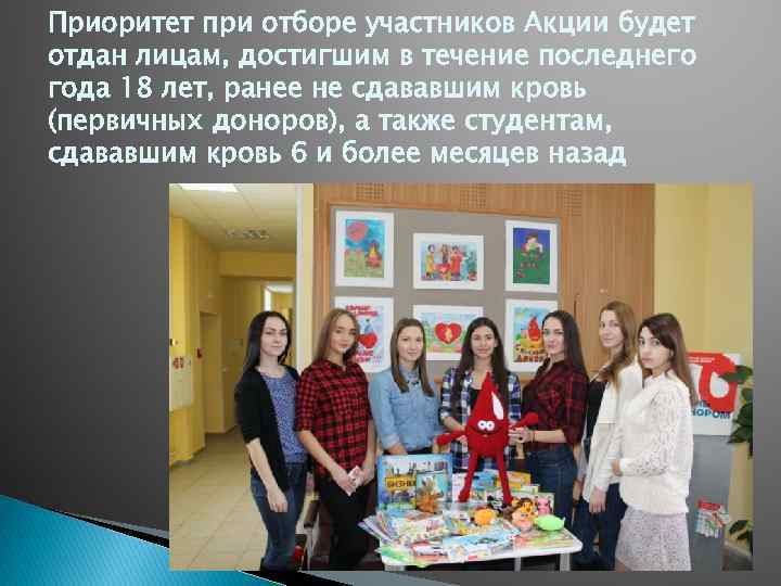 Приоритет при отборе участников Акции будет отдан лицам, достигшим в течение последнего года 18