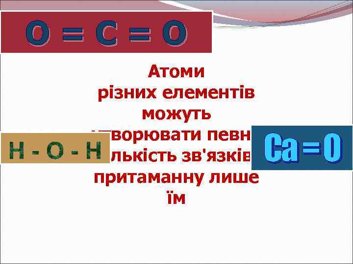 О=С=О Атоми різних елементів можуть утворювати певну кількість зв'язків, притаманну лише їм Ca =
