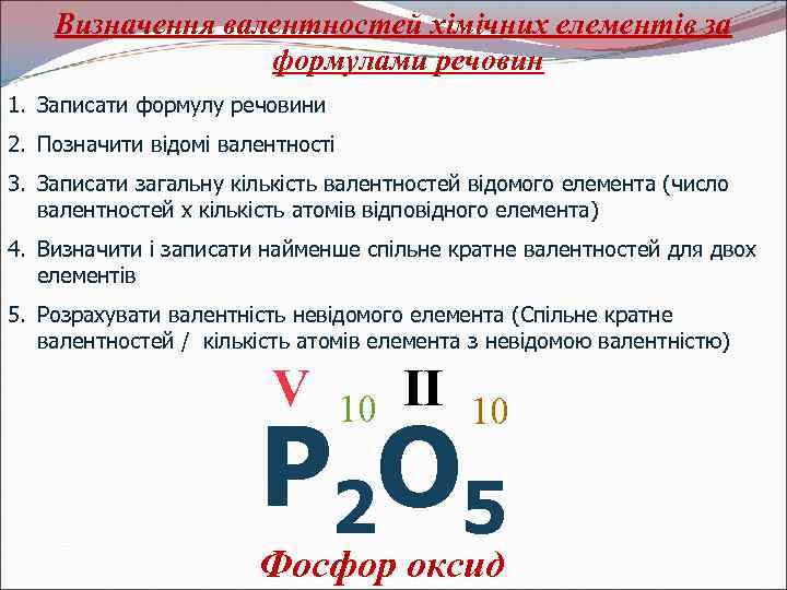 Визначення валентностей хімічних елементів за формулами речовин 1. Записати формулу речовини 2. Позначити відомі