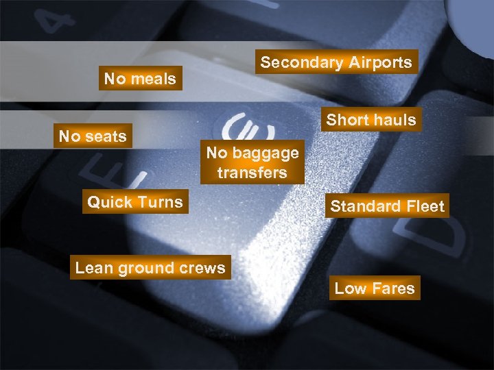 Secondary Airports No meals No seats Short hauls No baggage transfers Quick Turns Standard