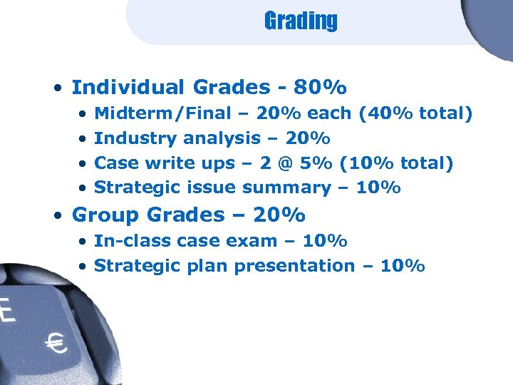 Grading • Individual Grades - 80% • • Midterm/Final – 20% each (40% total)