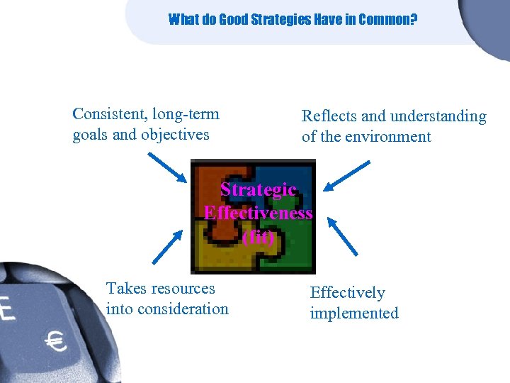 What do Good Strategies Have in Common? Consistent, long-term goals and objectives Reflects and